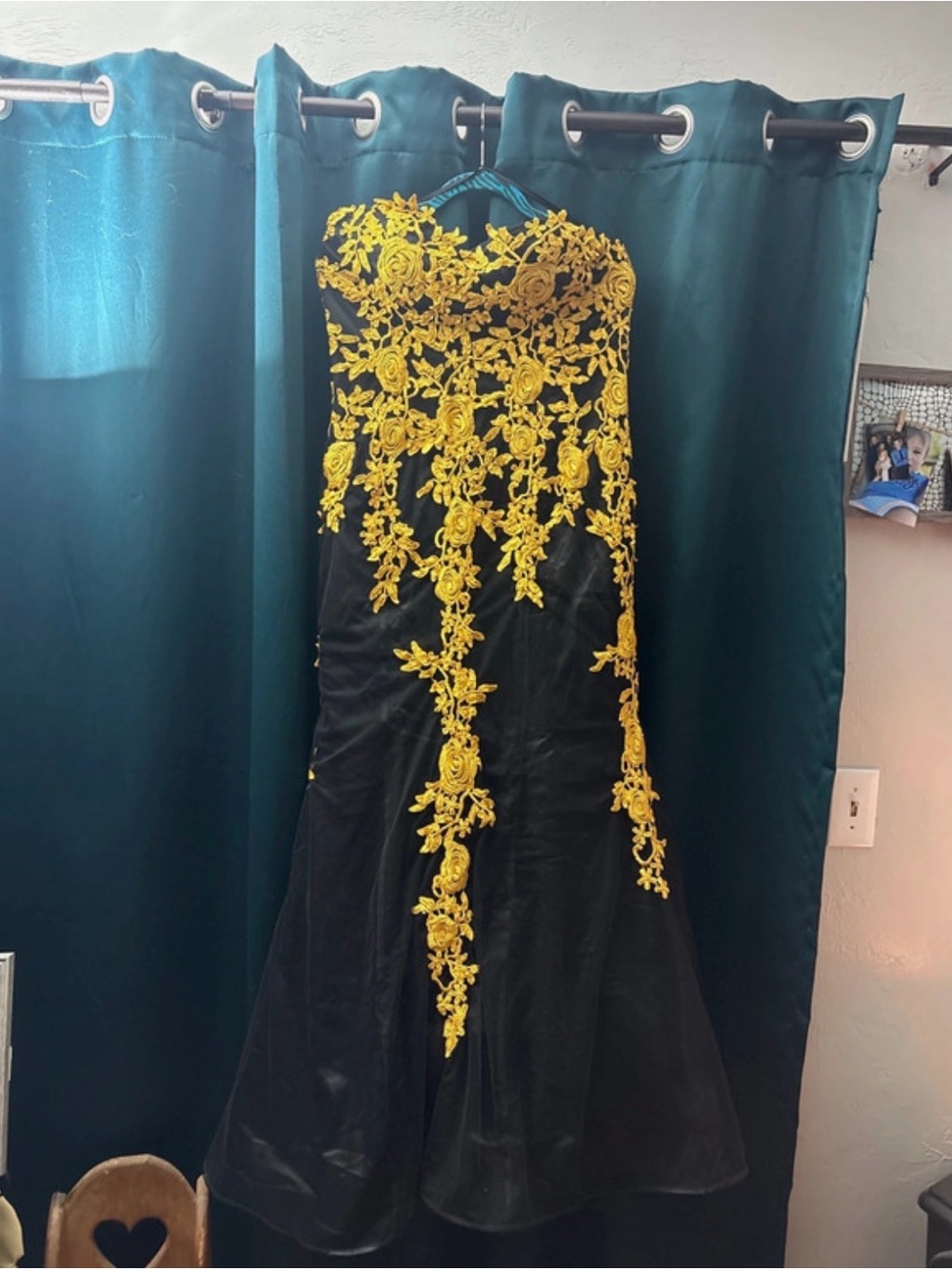 Elegant Black Dress with Yellow Floral Appliqué